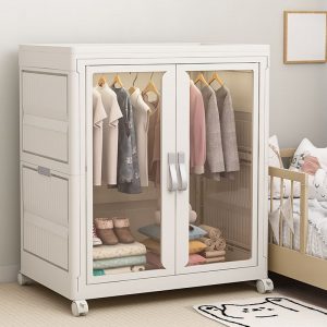 "Elegant White Children's Wardrobe with Polymer Compound, Shelf, and Clothing Rod"