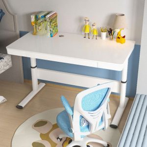 "Adaptable Height Ink/White/Wood Grain Glass/Lumber Top Kids Computer Desk"