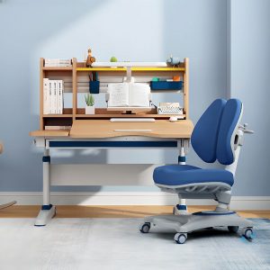 "Adaptable Height Watertight Wood Grain Kids Computer Desk with Metal Legs, Locker Storage, Shelf, and Hutch"