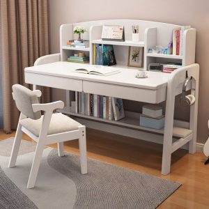 "Adjustable Height Wood Kids Computer Desk in Pink/Azure/Brown with Locker, Shelf, Compartment, and Hutch"