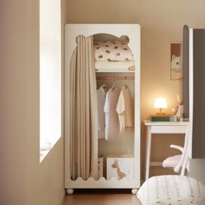 "Charming Children's Wardrobe in Light-toned Rubberwood with 2 Shelves and Clothing Rod"