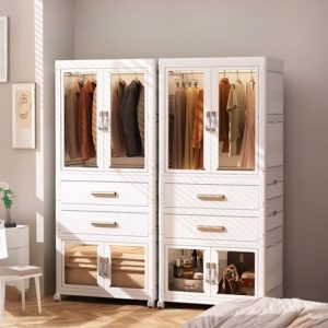 "Elegant White Kids Armoire with Polymerized Material, Shelf, Clothing Rod, and Door"