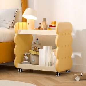 "Contemporary Lemon Color Vertical Polymerized Material Standard Children's Bookshelf with Open Back, Casters and 3 Shelves"