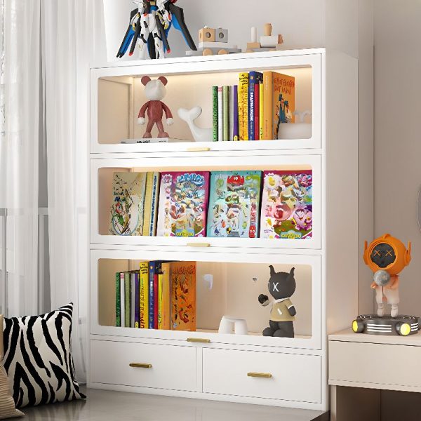"Art Deco Standard Kids Bookshelf with Compartment, 3/2 Shelves, Vertical Alloy Shelves, 4/3 Doors"